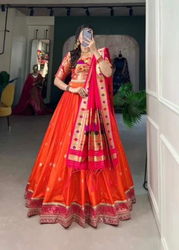 Weaving Zari Work Jacquard Silk Paithani Half Saree Lehenga