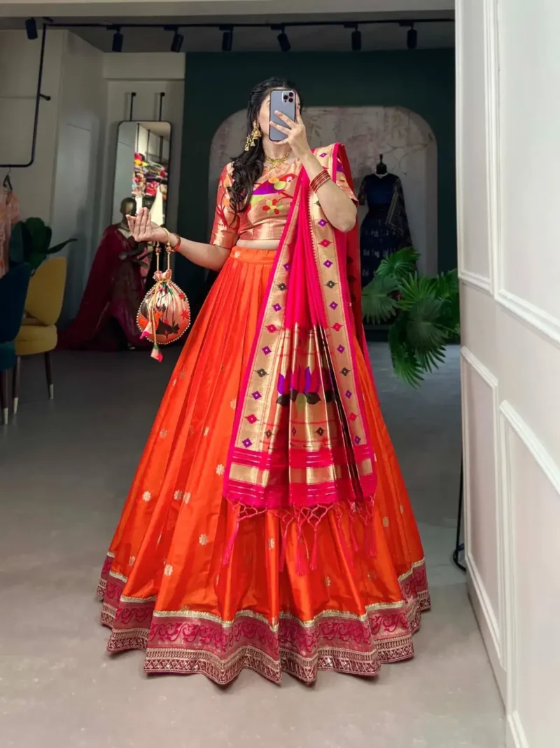 Weaving Zari Work Jacquard Silk Paithani Half Saree Lehenga