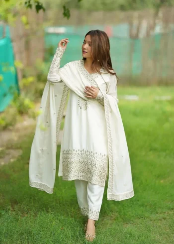 White Pure Chinon Silk Sequence Jari Embroidery Work Salwar Suit