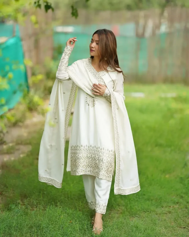 White Pure Chinon Silk Sequence Jari Embroidery Work Salwar Suit