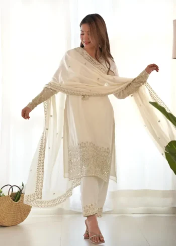 White Pure Chinon Silk Sequence Jari Embroidery Work Salwar Suit