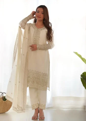 White Pure Chinon Silk Sequence Jari Embroidery Work Salwar Suit