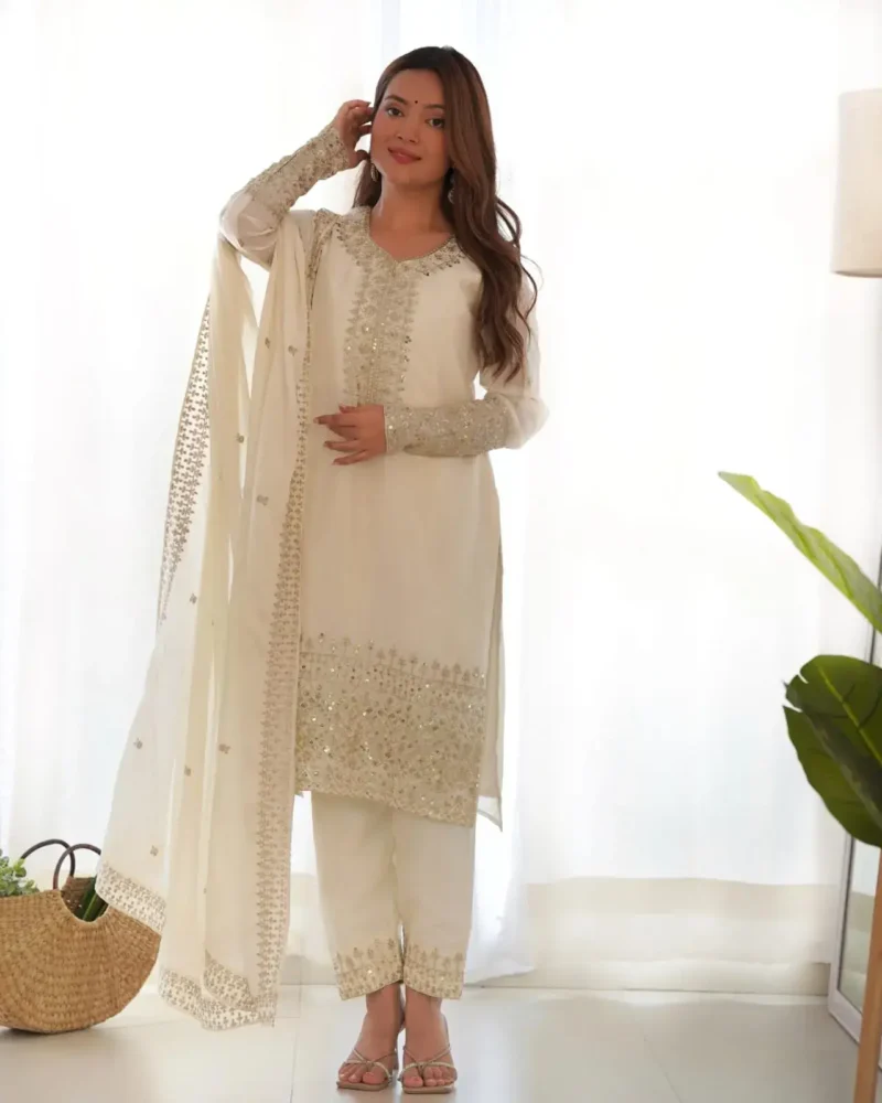 White Pure Chinon Silk Sequence Jari Embroidery Work Salwar Suit