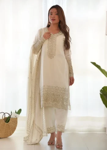 White Pure Chinon Silk Sequence Jari Embroidery Work Salwar Suit