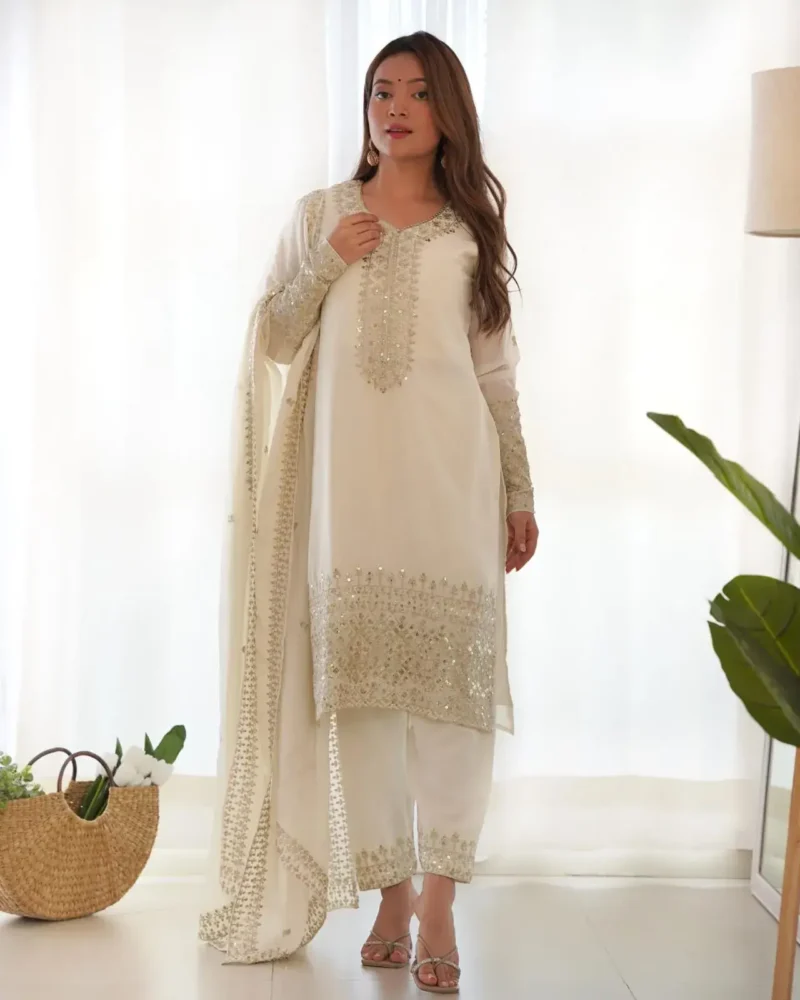 White Pure Chinon Silk Sequence Jari Embroidery Work Salwar Suit