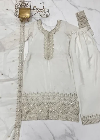 White Pure Chinon Silk Sequence Jari Embroidery Work Salwar Suit