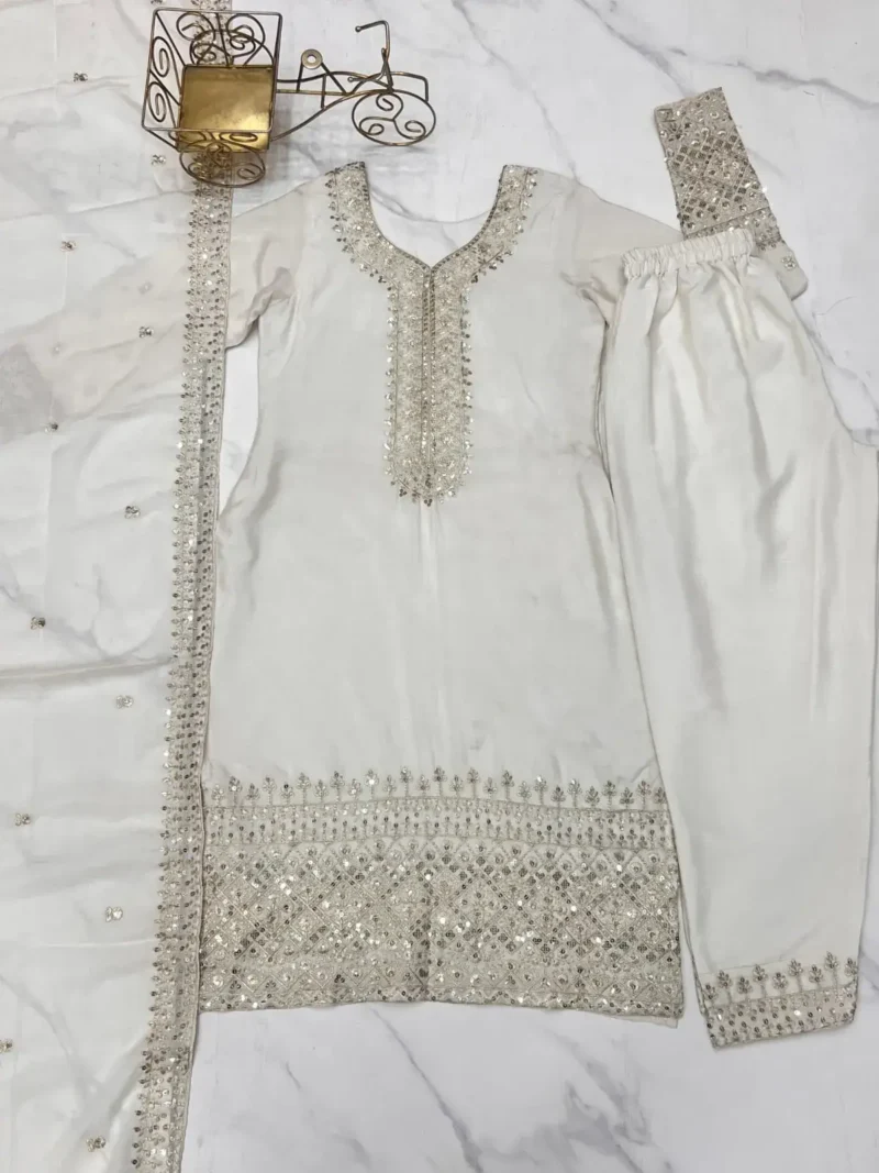 White Pure Chinon Silk Sequence Jari Embroidery Work Salwar Suit