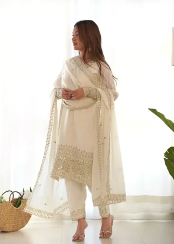White Pure Chinon Silk Sequence Jari Embroidery Work Salwar Suit
