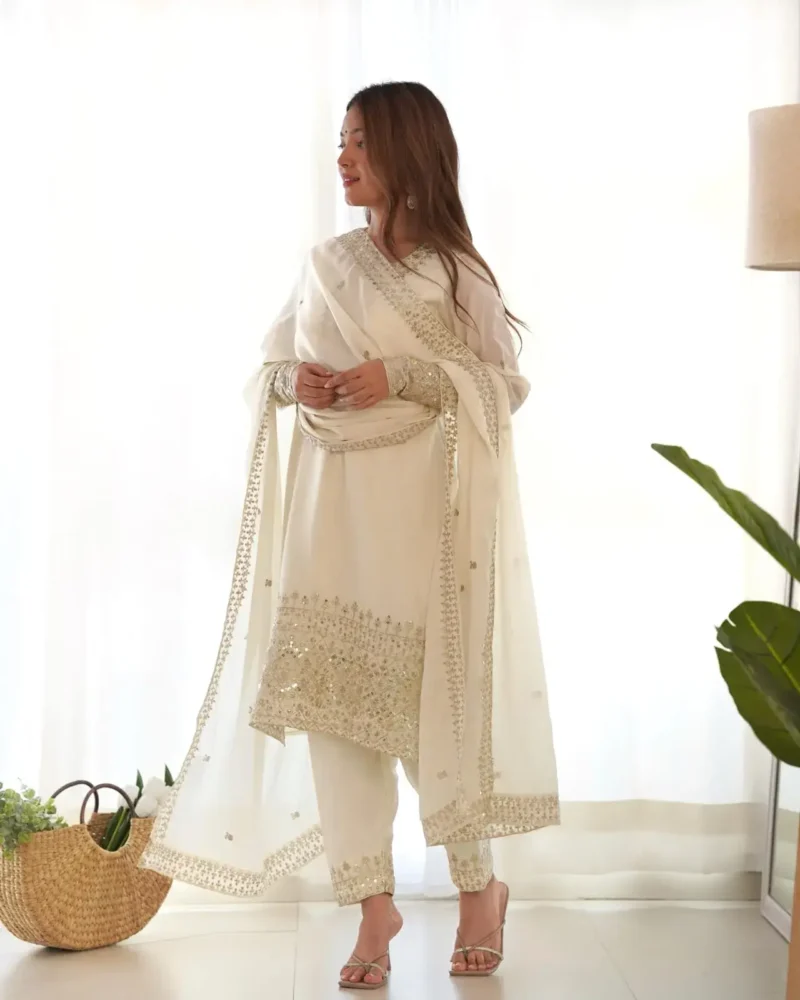 White Pure Chinon Silk Sequence Jari Embroidery Work Salwar Suit