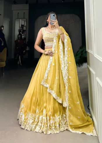 Yellow Color Sequins and Thread Embroidery Work Lehenga for Haldi