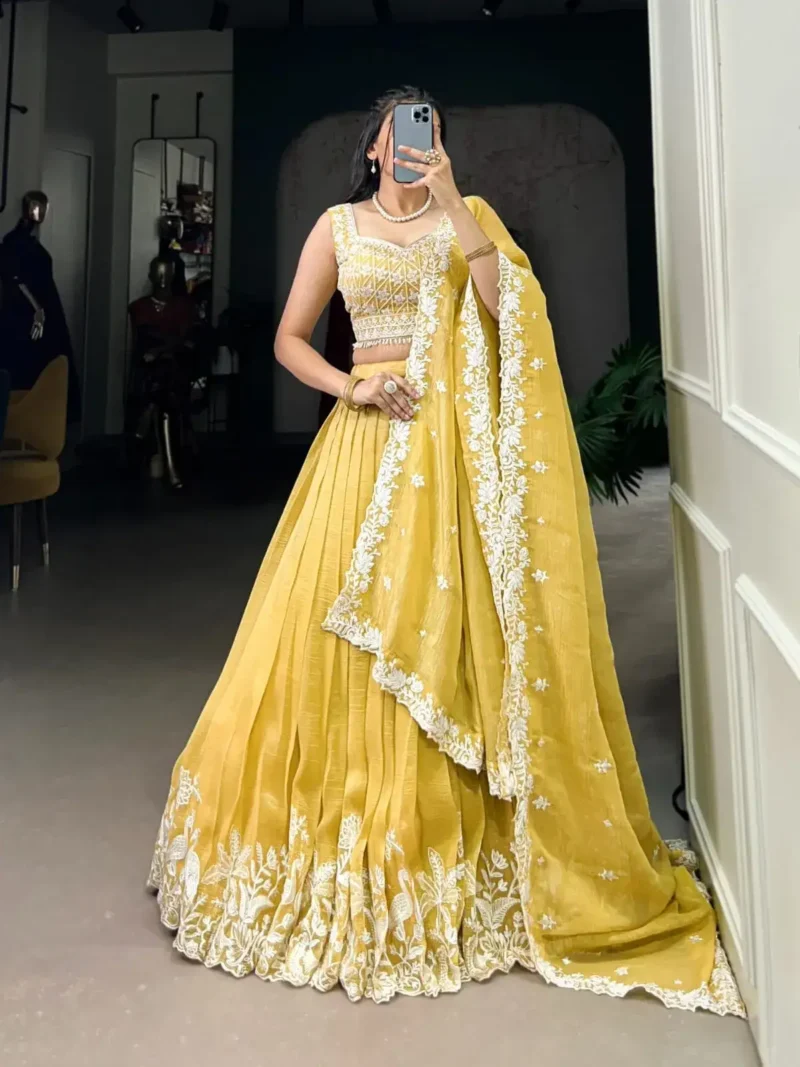 Yellow Color Sequins and Thread Embroidery Work Lehenga for Haldi