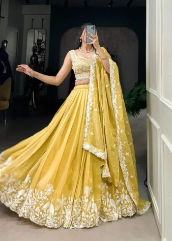 Yellow Color Sequins and Thread Embroidery Work Lehenga for Haldi