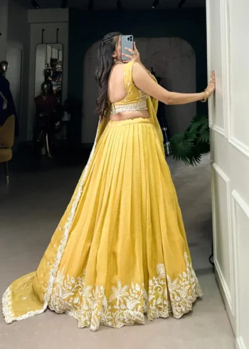 Yellow Color Sequins and Thread Embroidery Work Lehenga for Haldi