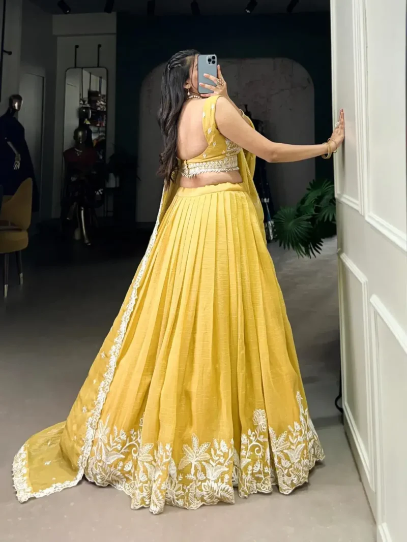 Yellow Color Sequins and Thread Embroidery Work Lehenga for Haldi