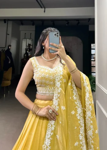 Yellow Color Sequins and Thread Embroidery Work Lehenga for Haldi