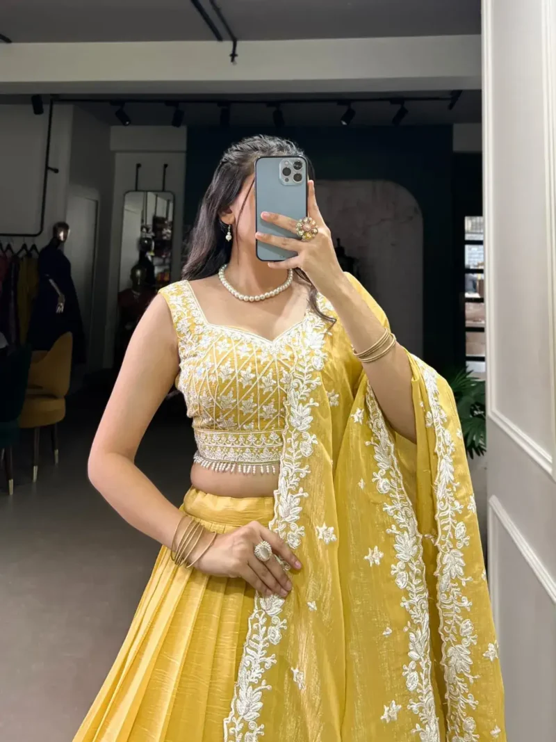 Yellow Color Sequins and Thread Embroidery Work Lehenga for Haldi