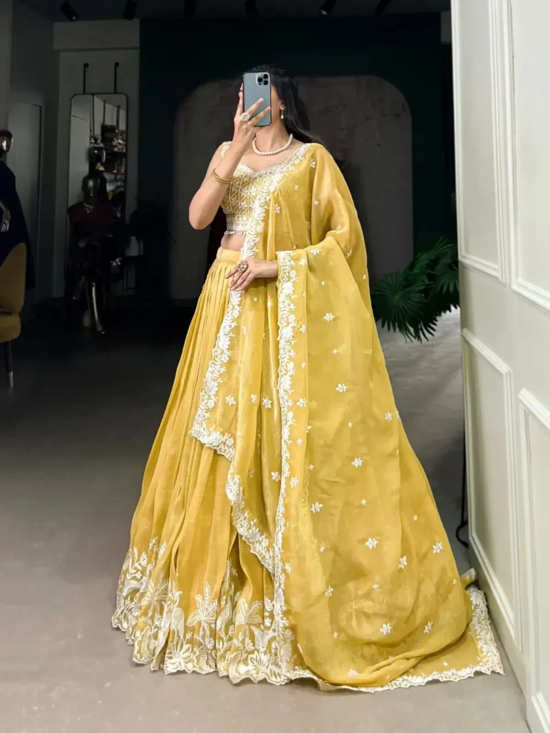 Yellow Color Sequins and Thread Embroidery Work Lehenga for Haldi
