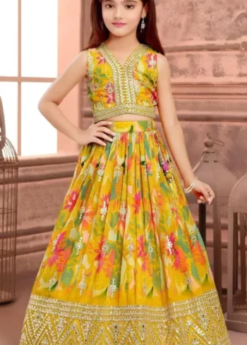 Yellow Color Sequins Embroidered Digital Printed Lehenga for Kids