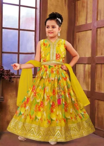 Yellow Color Sequins Embroidered Digital Printed Lehenga for Kids