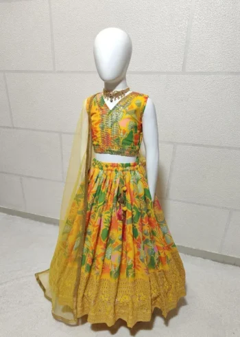 Yellow Color Sequins Embroidered Digital Printed Lehenga for Kids