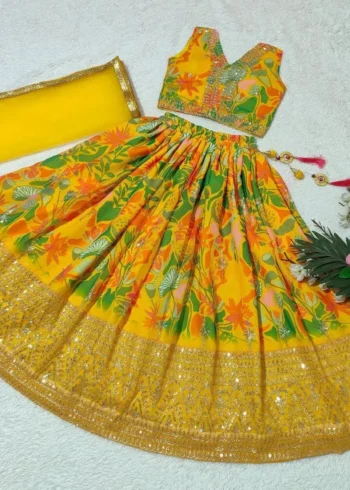 Yellow Color Sequins Embroidered Digital Printed Lehenga for Kids