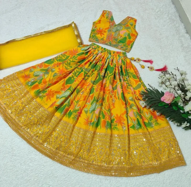 Yellow Color Sequins Embroidered Digital Printed Lehenga for Kids