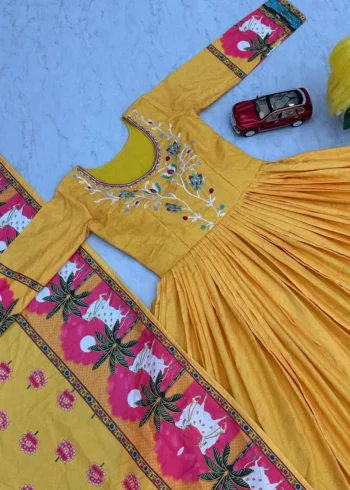 Yellow Kalamkari Printed Cotton Gown With Dupatta