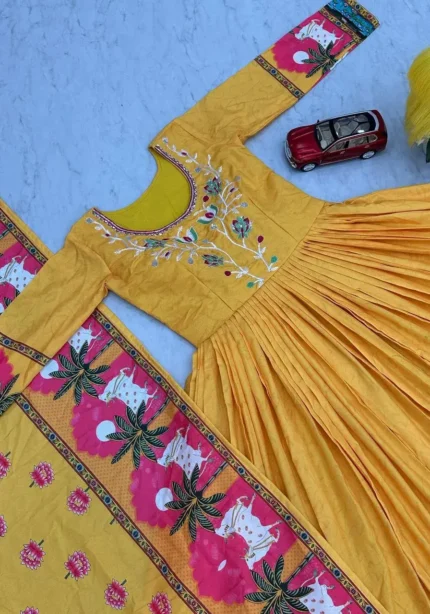 Yellow Kalamkari Printed Cotton Gown With Dupatta