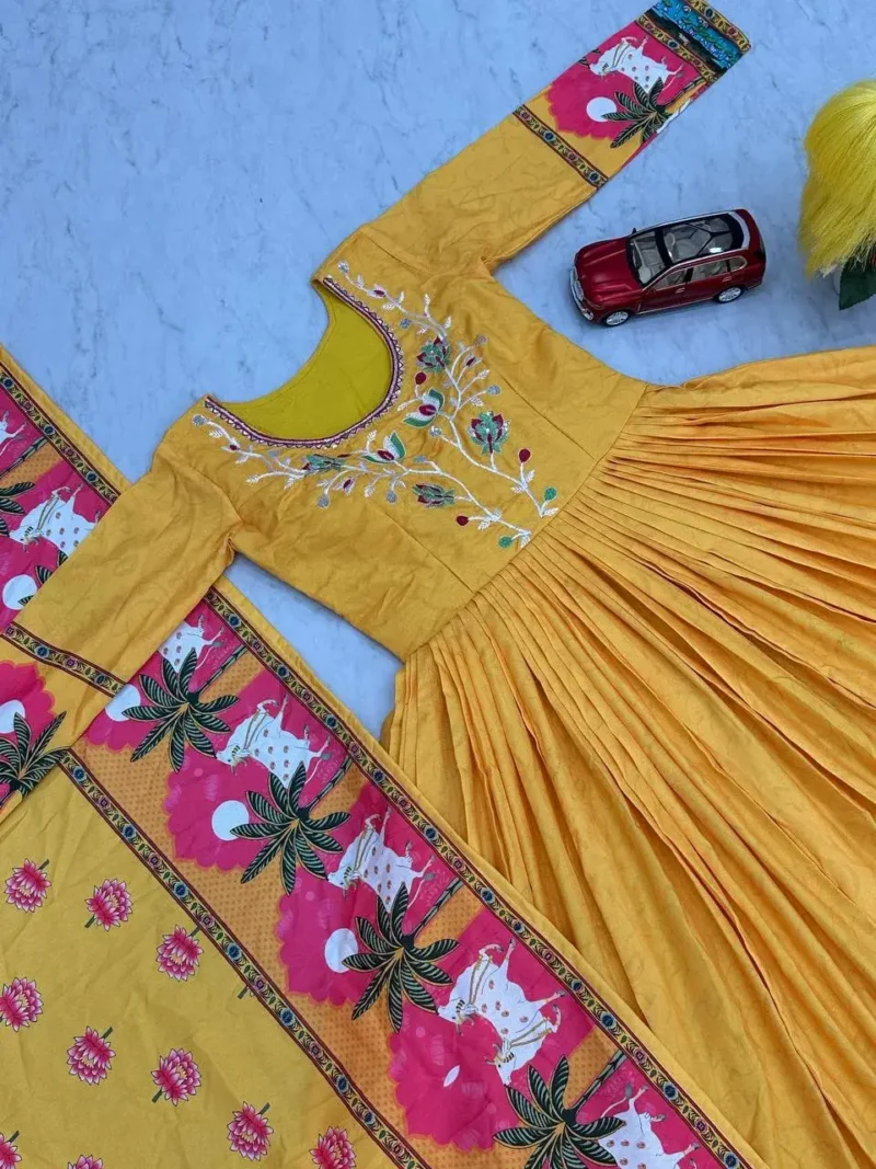 Yellow Kalamkari Printed Cotton Gown With Dupatta