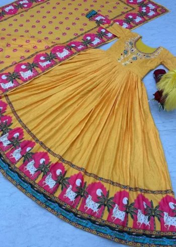Yellow Kalamkari Printed Cotton Gown With Dupatta