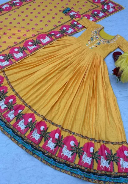 Yellow Kalamkari Printed Cotton Gown With Dupatta