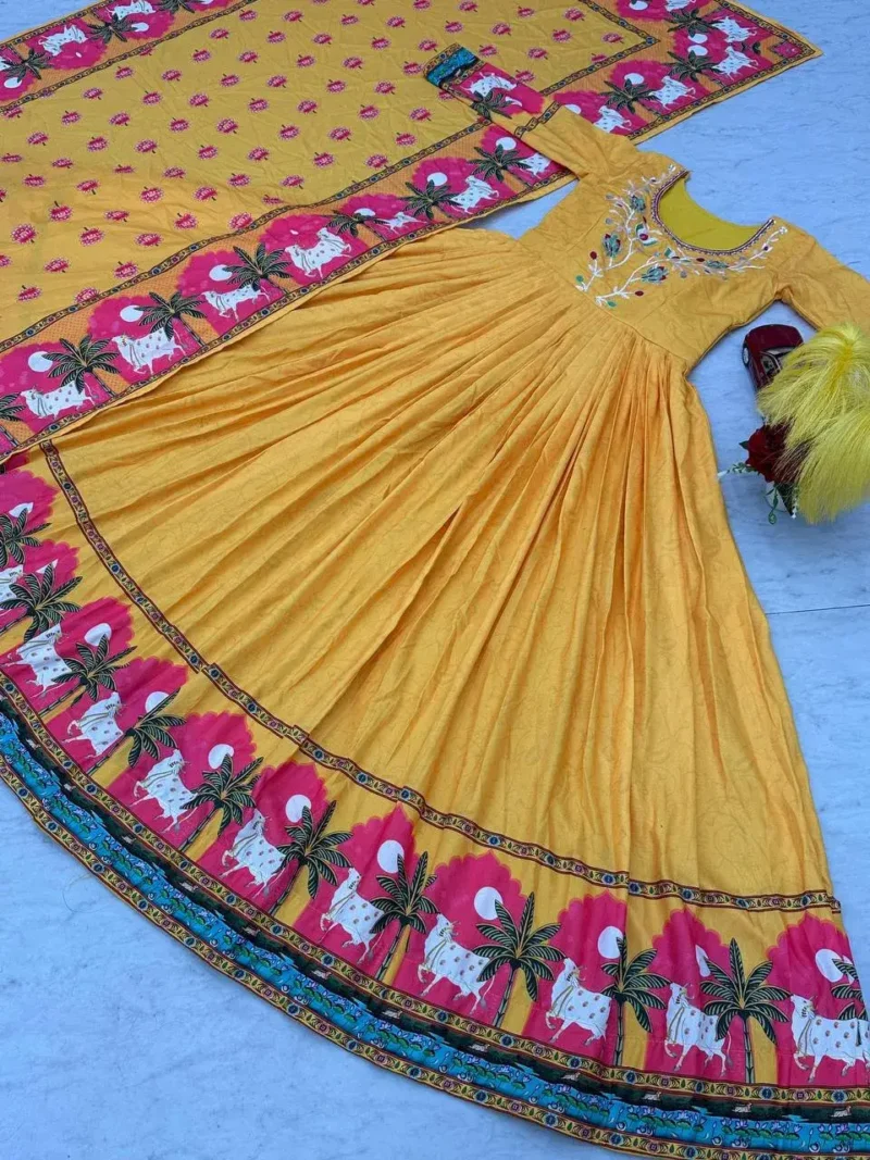 Yellow Kalamkari Printed Cotton Gown With Dupatta