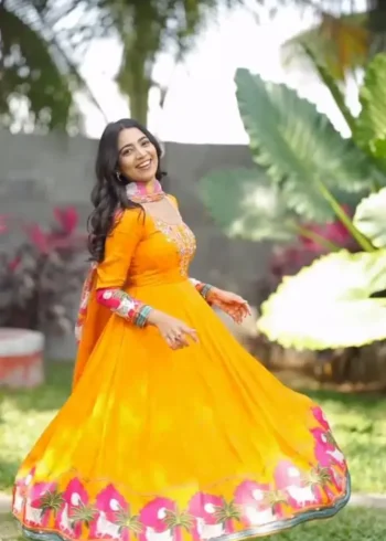 Yellow Kalamkari Printed Cotton Gown With Dupatta