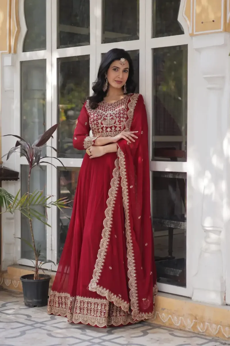 Zari Sequins Work Faux Blooming Readymade Wedding Gown