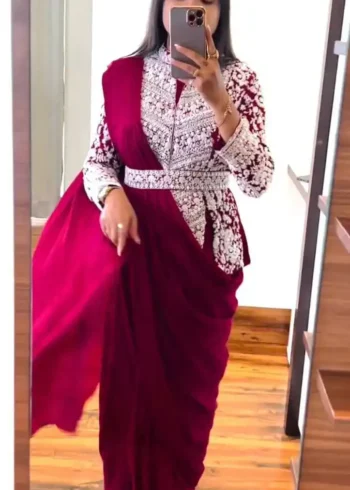 Embroidery Coding Work Ready to Wear Saree With Full Koti and Fancy Belt