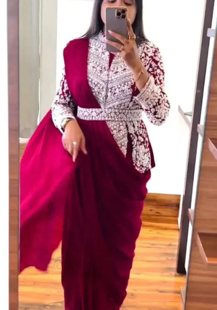 Embroidery Coding Work Ready to Wear Saree With Full Koti and Fancy Belt