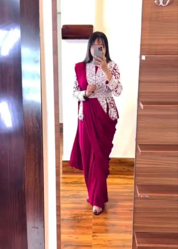 Embroidery Coding Work Ready to Wear Saree With Full Koti and Fancy Belt