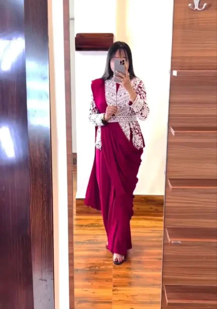 Embroidery Coding Work Ready to Wear Saree With Full Koti and Fancy Belt