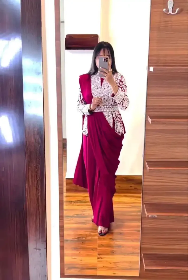 Embroidery Coding Work Ready to Wear Saree With Full Koti and Fancy Belt