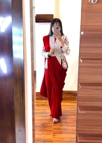 Embroidery Coding Work Ready to Wear Saree With Full Koti and Fancy Belt