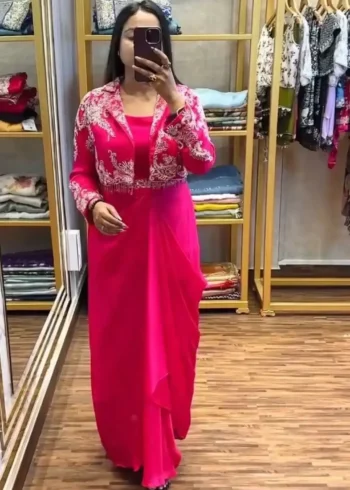 Heavy Chinon Party Wear Embroidered Koti With Lehenga and Belt