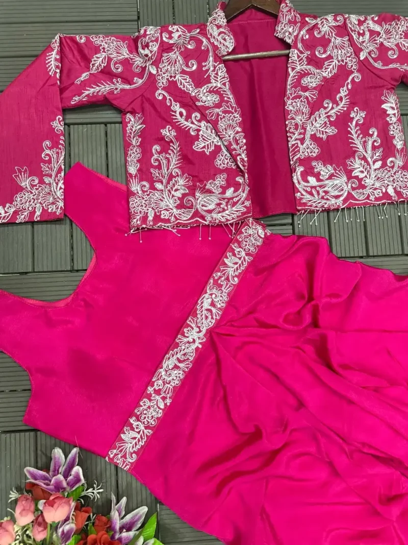 Heavy Chinon Party Wear Embroidered Koti With Lehenga and Belt