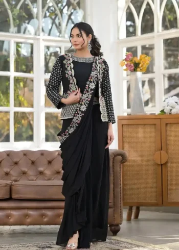 Heavy Chinon Party Wear Embroidered Koti With Sharara and Belt