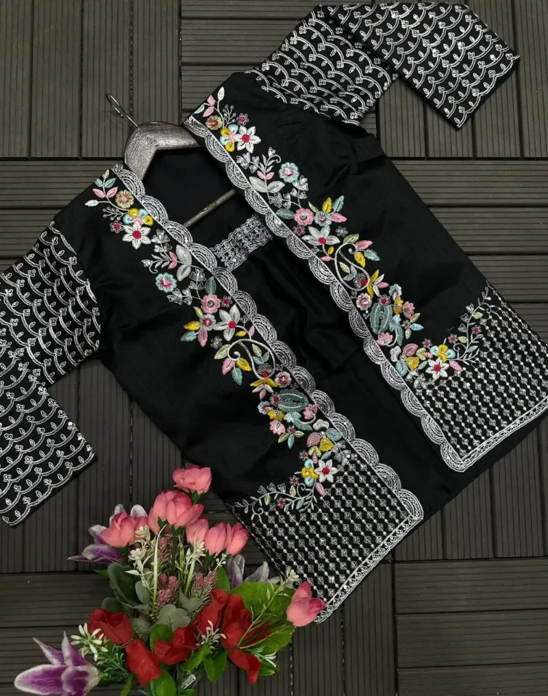Heavy Chinon Party Wear Embroidered Koti With Sharara and Belt