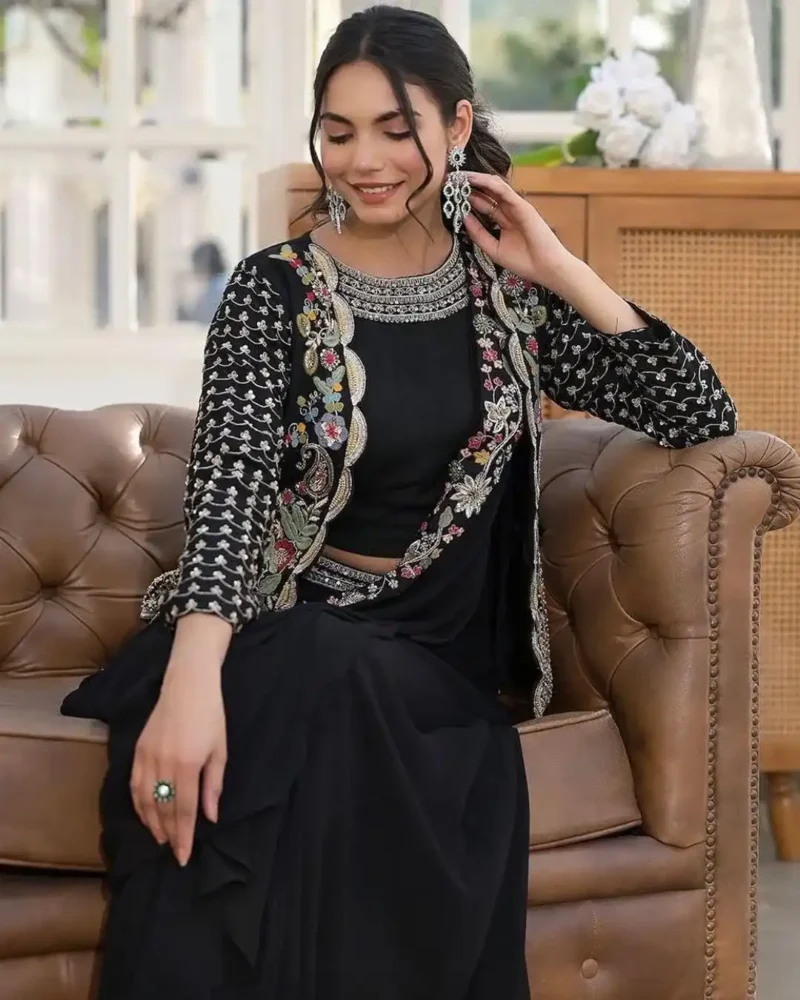 Heavy Chinon Party Wear Embroidered Koti With Sharara and Belt