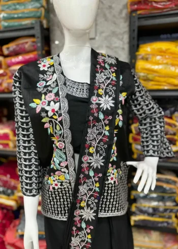 Heavy Chinon Party Wear Embroidered Koti With Sharara and Belt
