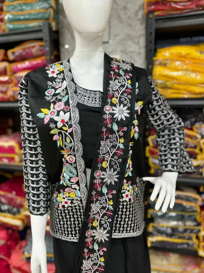 Heavy Chinon Party Wear Embroidered Koti With Sharara and Belt