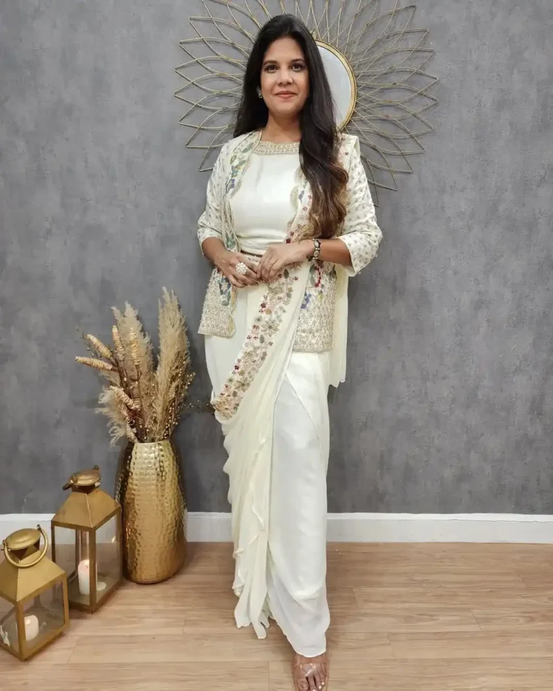 Heavy Chinon Party Wear Embroidered Koti With Sharara and Belt