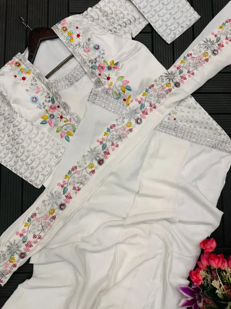 Heavy Chinon Party Wear Embroidered Koti With Sharara and Belt