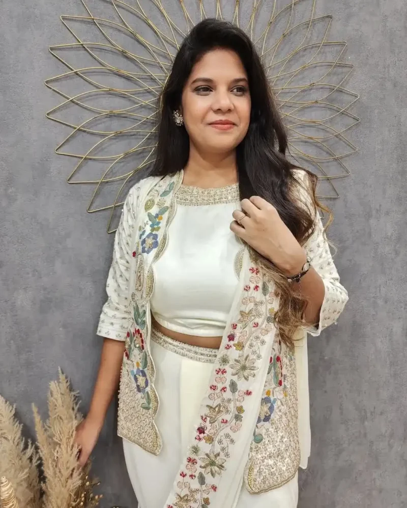 Heavy Chinon Party Wear Embroidered Koti With Sharara and Belt